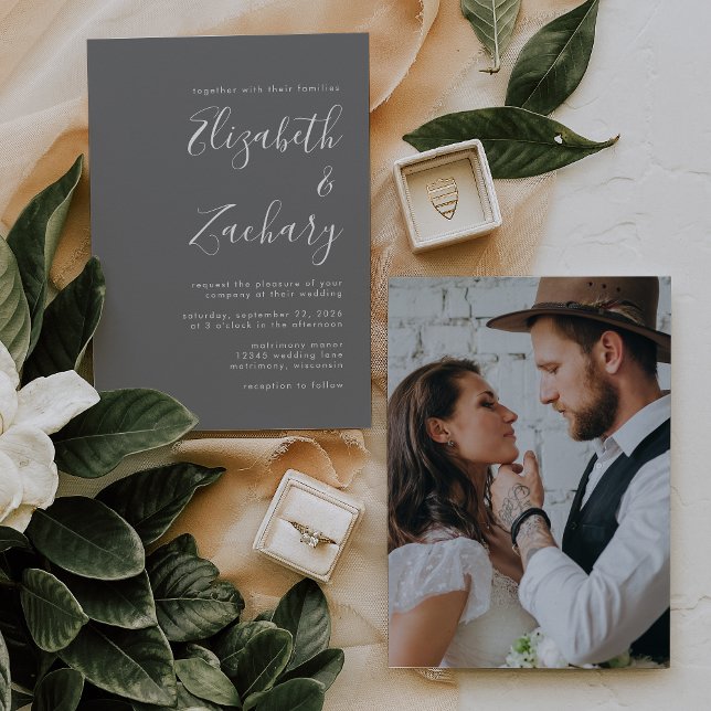 Convite Casamento Cinza Foto Script Minimalista Moderno (Criador carregado)