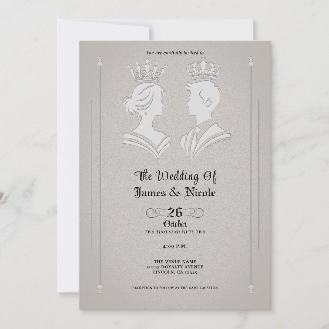 Convite Casamento Cinza Moderno do Rei e da Rainha Royal (Frente)