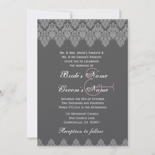 Convite Casamento Cinza Prata Damask Premium Metálico (Frente)