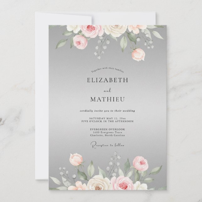 Convite Casamento Cinza Rosa Ranunculus Eucalipto (Frente)