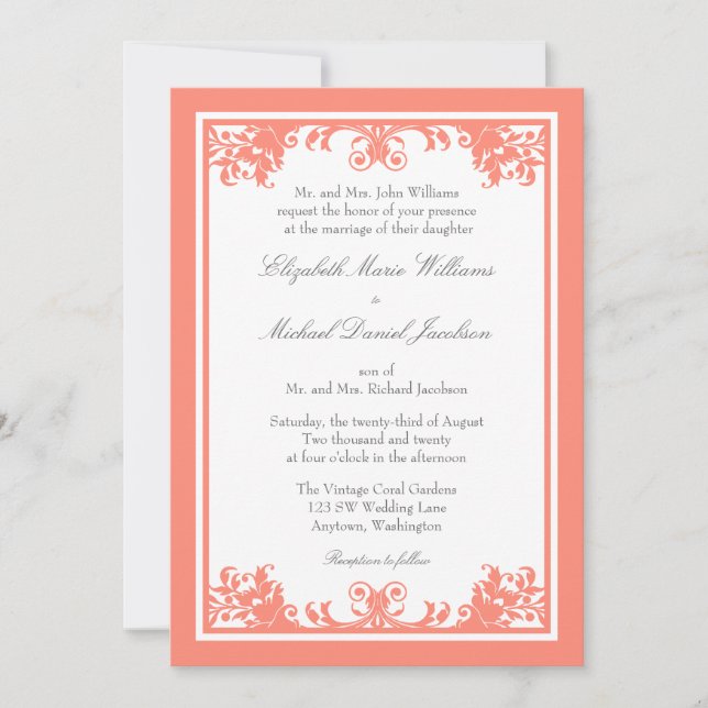 Convite Casamento cinzento coral do rolo do Flourish do (Frente)