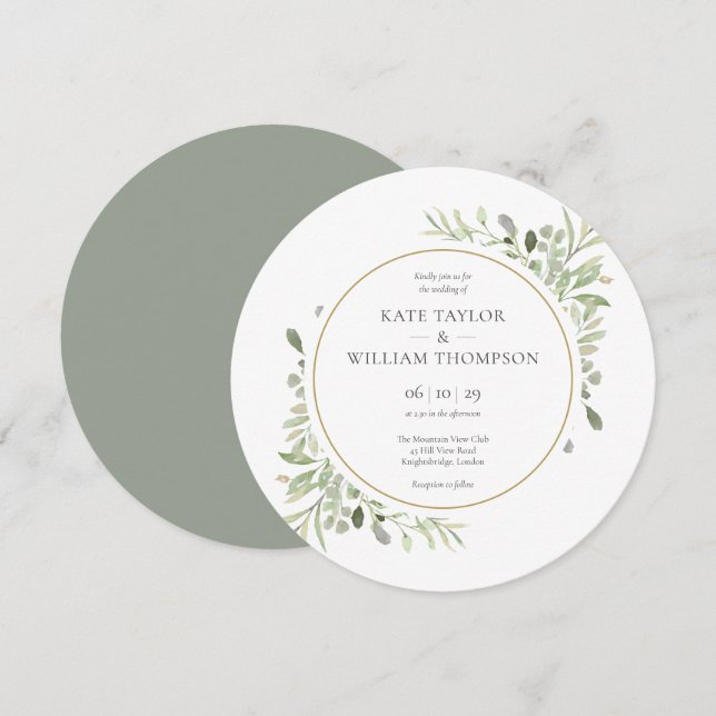 Convite Casamento Circular de Folhas de Vegetação Elegante (Frente/Verso)