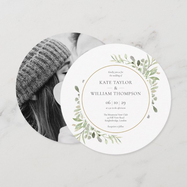 Convite Casamento Circular de Folhas de Vegetação Elegante (Frente/Verso)