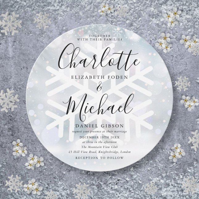 Convite Casamento Circular dos Flocos de Neve de Inverno E (Elegant Winter Snowflakes Circular Wedding Invitation)