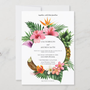 Convite Casamento Circular Tropical Hawaiian Floral Coconu