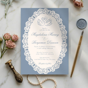 Convite Casamento Cisne Azul Poeirento Elegante Renda Marf