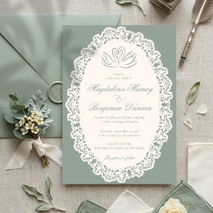 Convite Casamento Cisne Elegante Marfim em Renda Sage Vint