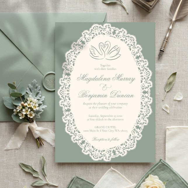 Convite Casamento Cisne Elegante Marfim em Renda Sage Vint (Criador carregado)