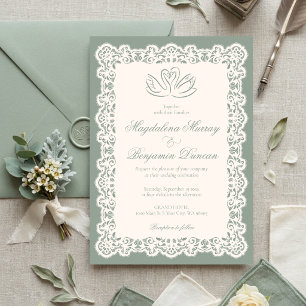 Convite Casamento Cisne Elegante Renda Marfim Antigo Verde