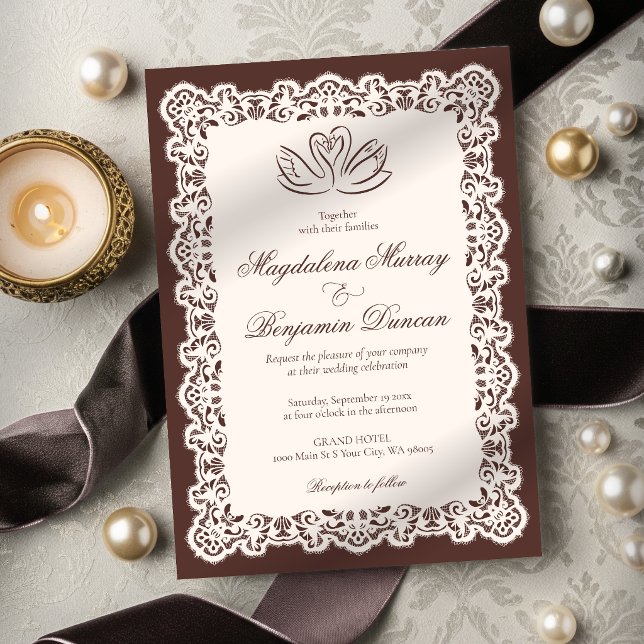 Convite Casamento Cisne Marrom Elegante Renda Marfim Antig (Criador carregado)