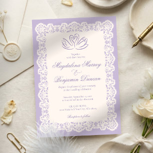 Convite Casamento Cisne Roxo Elegante Renda Marfim Antigo