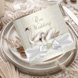 Convite Casamento Cisnes Brancos Creme Pérola Renda Damask