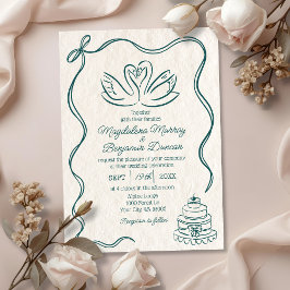 Convite Casamento Cisnes Retro Verde Teal Desenhado à Mão 