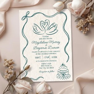 Convite Casamento Cisnes Retro Verde Teal Desenhado à Mão