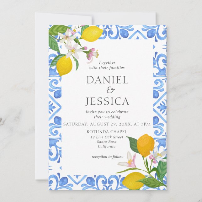 Convite Casamento Citrus Mediterranean BlueTiles Lemon Itá (Frente)