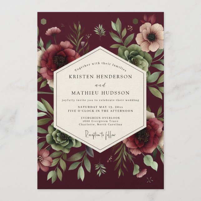 Convite Casamento Claret Dramatic Bloom (Frente)