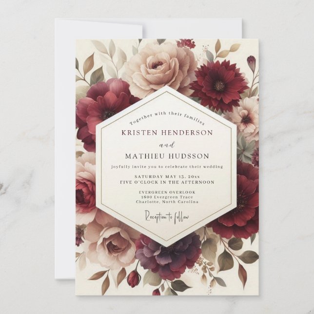 Convite Casamento Claret Romantic Bloom (Frente)