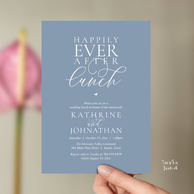 Convite Casamento Clássico ao Almoço com Fuga Romântica (Happily Ever After Lunch Classy Wedding Elopement Invitation card in dusty blue)