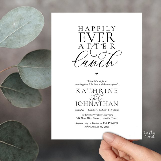 Convite Casamento Clássico ao Almoço com Fuga Romântica (Happily Ever After Lunch Classy Wedding Elopement Invitation card in black and white)