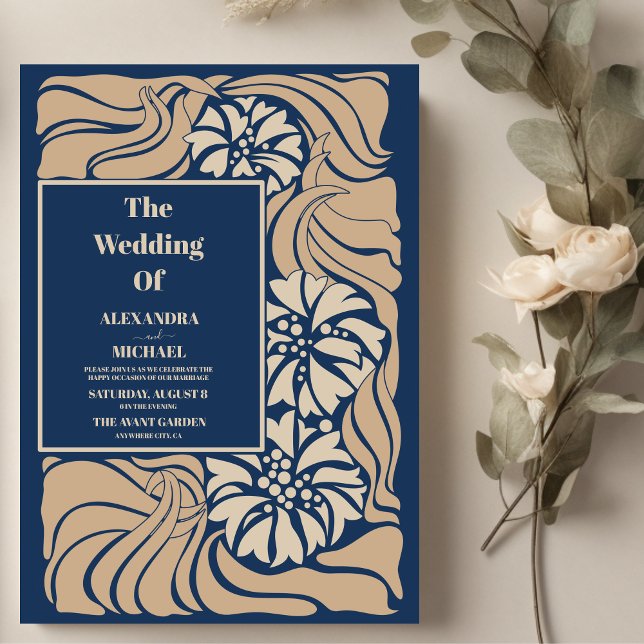 Convite Casamento Clássico Azul Art Nouveau (Criador carregado)