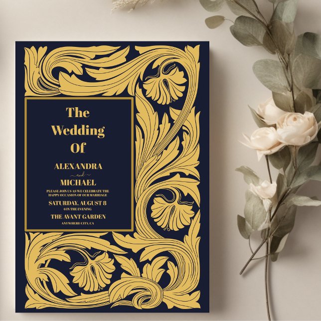 Convite Casamento Clássico Azul Art Nouveau (Criador carregado)