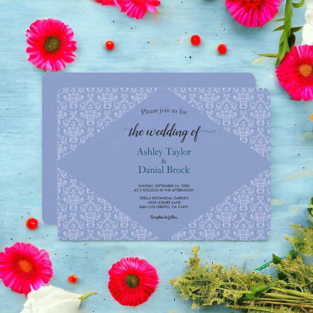 Convite Casamento Clássico Azul com Marinho Damask Ornamen (Criador carregado)