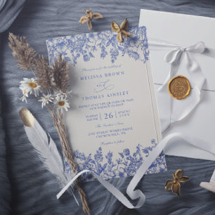 Convite Casamento Clássico Azul Vintage Floral Chic Código