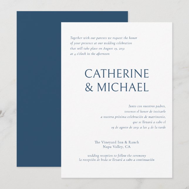 Convite Casamento Clássico Bilíngue Elegante Espanhol (Frente/Verso)