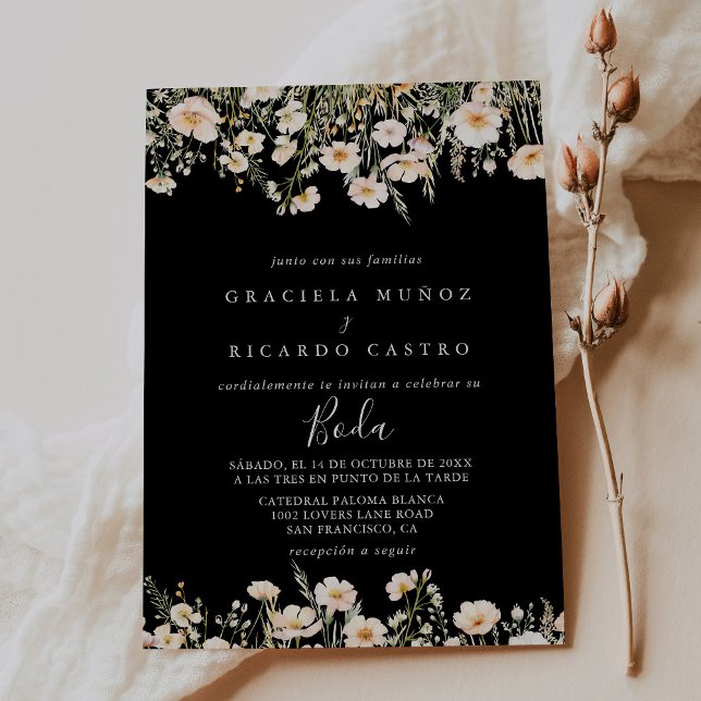 Convite Casamento Clássico Blush Wildflower Black Espanhol (Criador carregado)