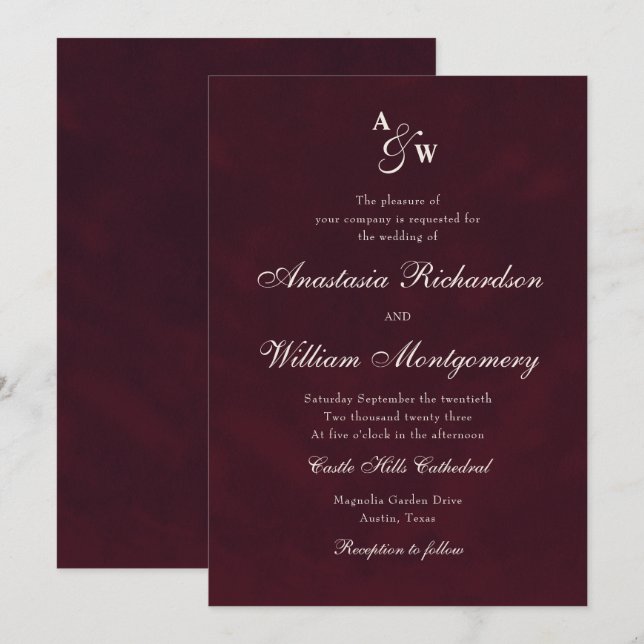 Convite Casamento Clássico Borgonha Profundo Rótulo Monogr (Frente/Verso)