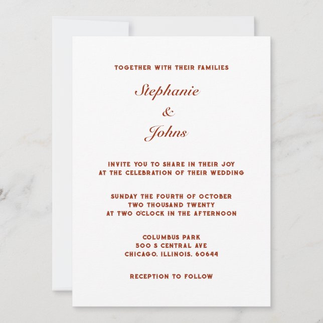 Convite Casamento Clássico Branco da Terra Quente de Terra (Frente)