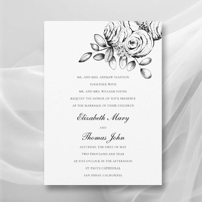 Convite Casamento Clássico Branco Preto-Branco-Preto-Desen (peony wedding invitation formal traditional parents name floral sketch black white classic romantic)