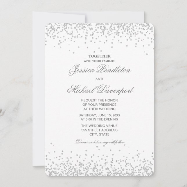 Convite Casamento Clássico Brilho Prata Branco Elegante (Frente)