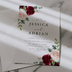 Convite Casamento Clássico Burgundy & Blush Floral Aquarel