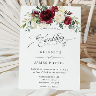 Convite Casamento Clássico Burgundy Ivory Floral