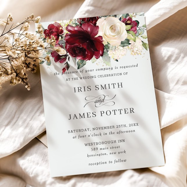 Convite Casamento Clássico Burgundy Ivory Floral (elegant rustic burgundy ivory white floral wedding invitation cards printed digital download )