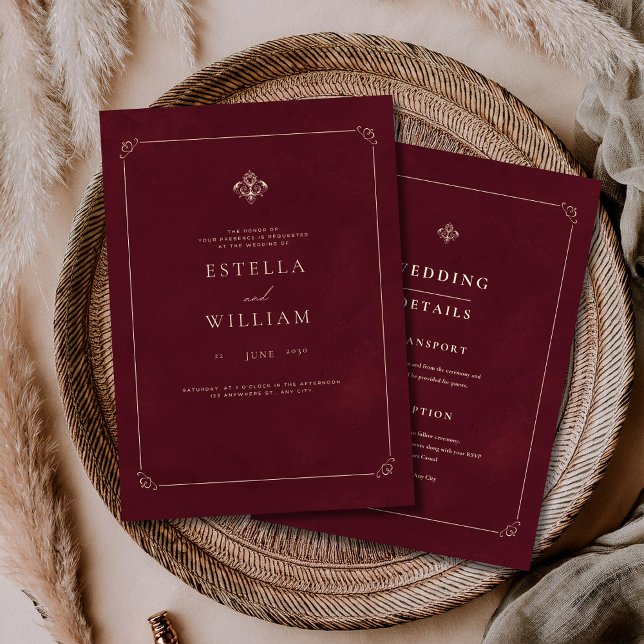 Convite Casamento Clássico Burgundy Luxuoso e Antiga Fortu (Criador carregado)