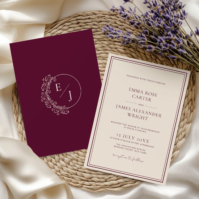 Convite Casamento Clássico Burgundy Old Money (Criador carregado)