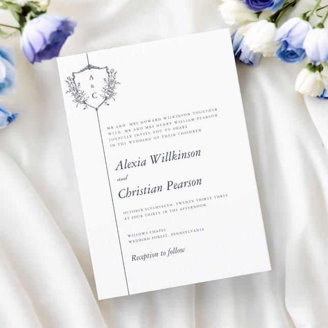 Convite casamento clássico clássico do marinho crest (traditional text elegant wedding invitation with modern crest )