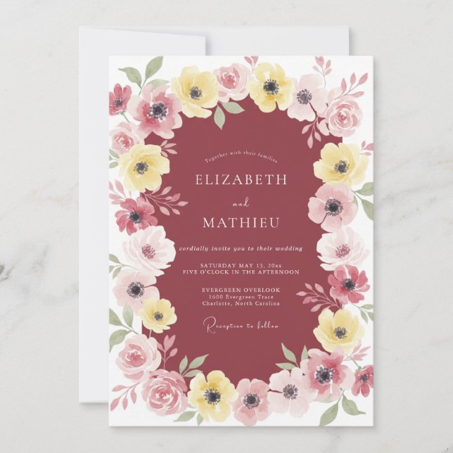 Convite Casamento Clássico com Flor Silvestre Amarela e Ma (Frente)