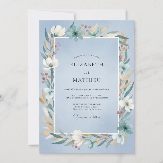 Convite Casamento Clássico com Folhas em Azul Pó (Frente)