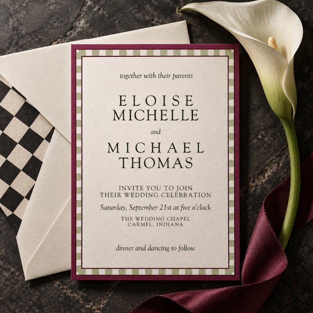 Convite Casamento Clássico com Listras de Framboesa e Verd (Raspberry & Sage Green Striped Classic Wedding Invitation)