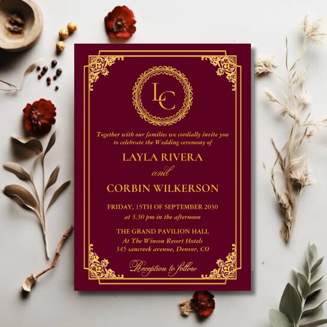 Convite Casamento Clássico com Moldura de Ouro e Monograma (Criador carregado)