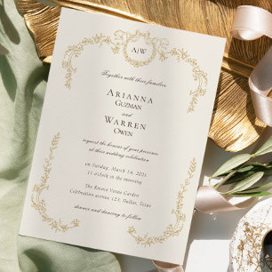 Convite Casamento Clássico com Monograma Dourado Vintage