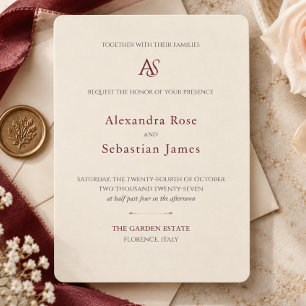 Convite Casamento Clássico com Monograma Merlot Borgonha