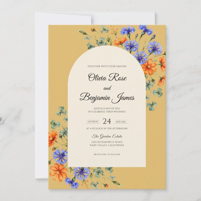 Convite Casamento Clássico com Mostarda e Azul-Celeste Flo (Frente)