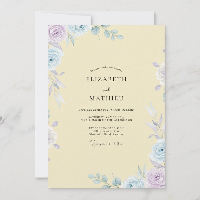 Convite Casamento Clássico com Pétala de Periwinkle em Man (Frente)