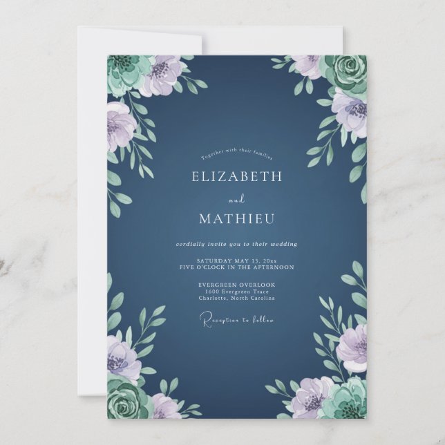 Convite Casamento Clássico com Pétala de Periwinkle Navy (Frente)