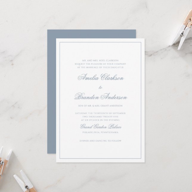 Convite Casamento Clássico com Poeira Azul e Borda Branca (Frente/Verso In Situ)