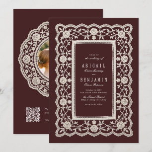 Convite Casamento Clássico com Renda Floral Borgonha Vinta